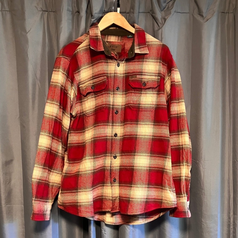 Orvis Flannel Shirt Mens Large Red Plaid Heavyweight Lined Collar Side Pockets